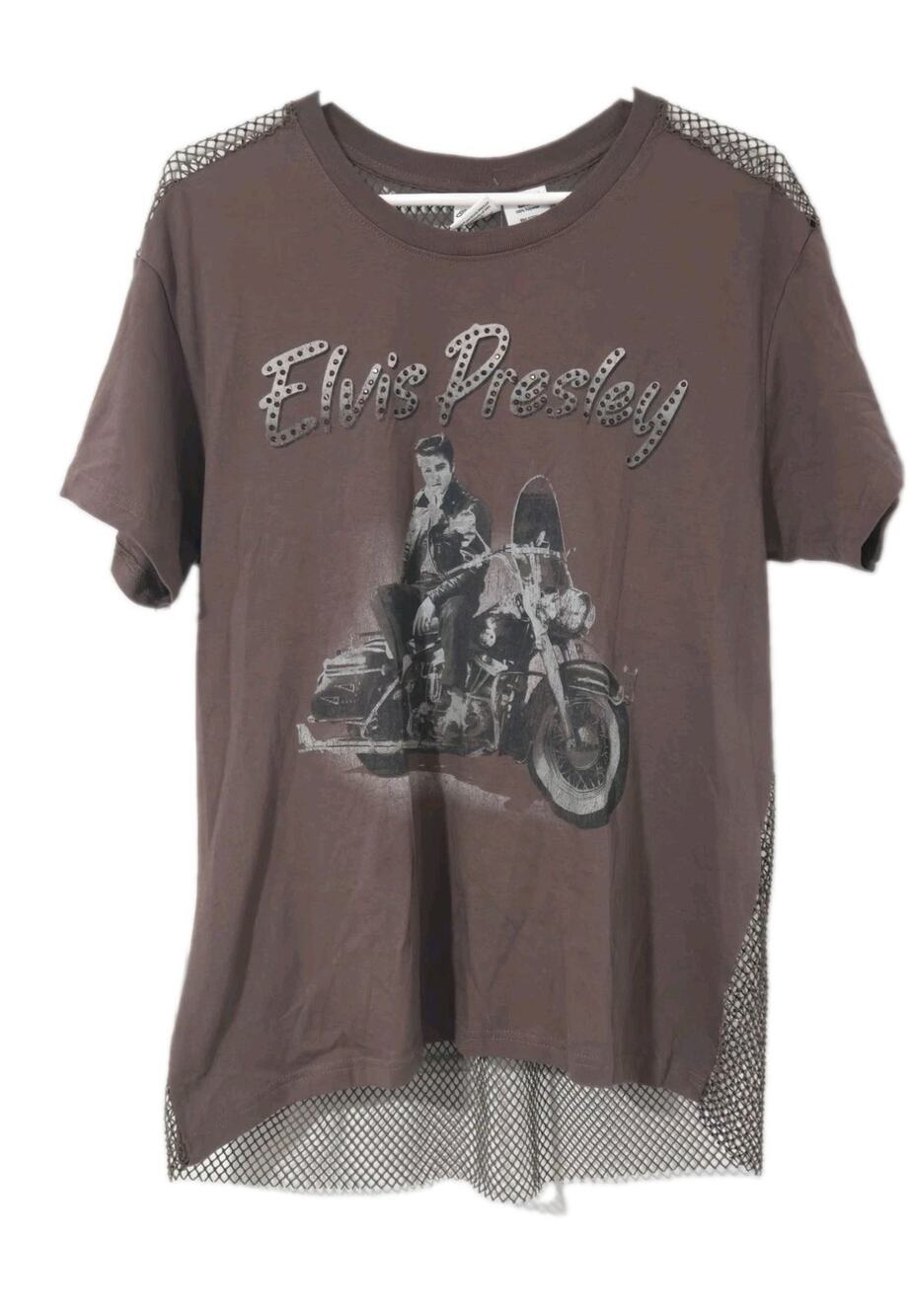 Goodie Two Sleeves Buckle Elvis Presley Rhinestone Mesh Tee Large NWT Brown L